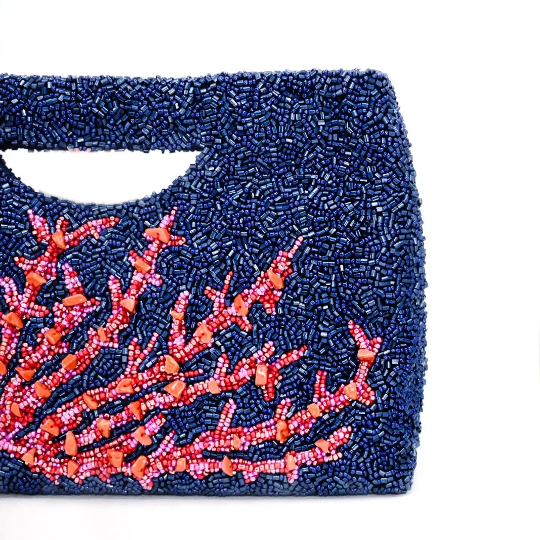 Beaded Statement Clutch, Navy Coral Branch, Bespoke Design