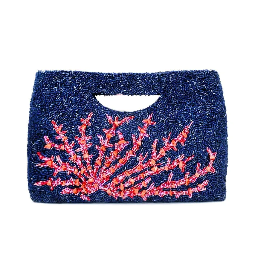 Beaded Statement Clutch, Navy Coral Branch, Bespoke Design