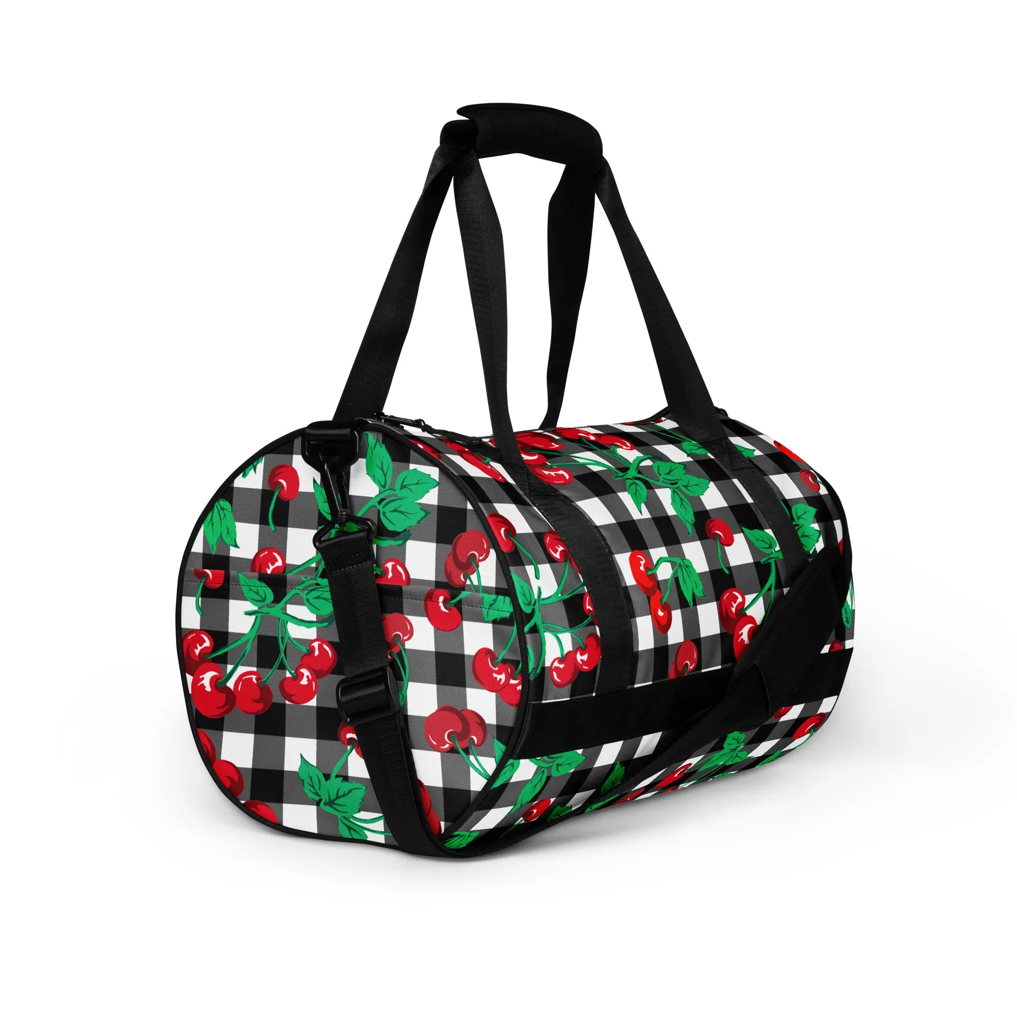 Black Gingham Cherry Girl Gym Duffle Workout Bag | Pinup Couture Relaxed