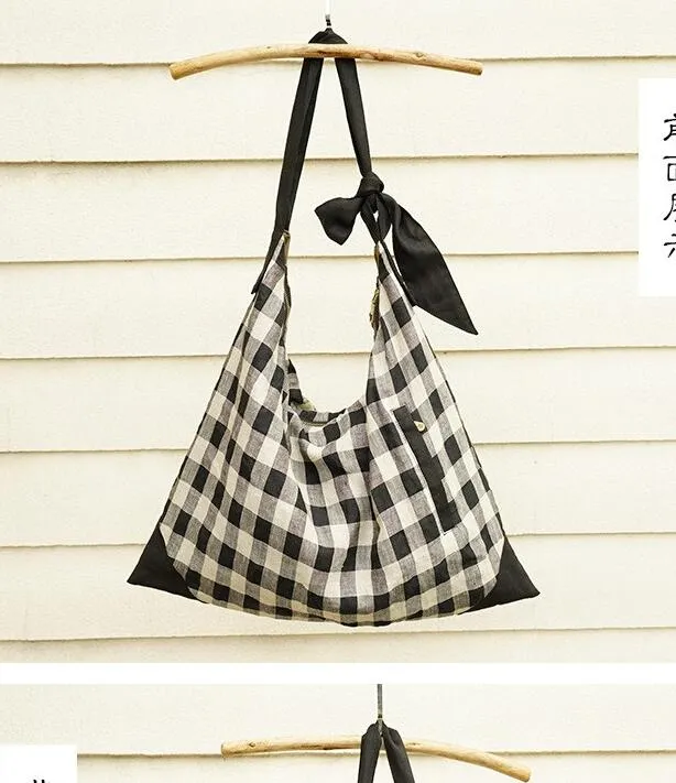 Checked Cotton Linen Bag  Shoulder Strap Single Shoulder Bag