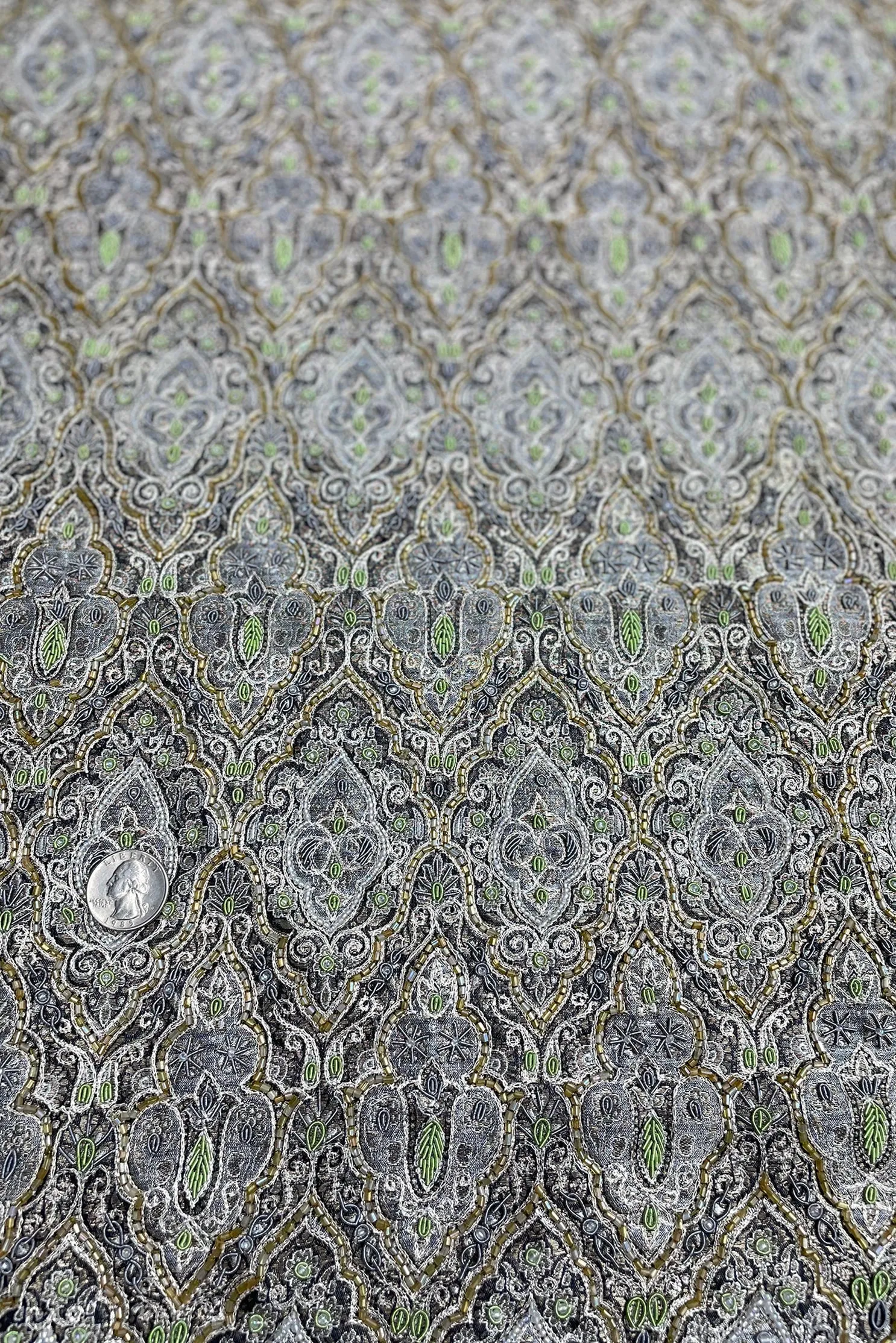 Forest Green Gold Beading on Gray