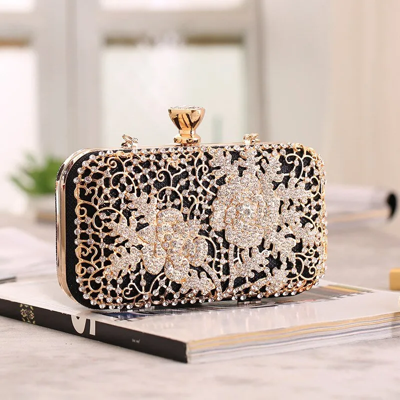 Luxy Moon Diamond Flower Evening Purse Minaudiere Clutch Bag with Handle