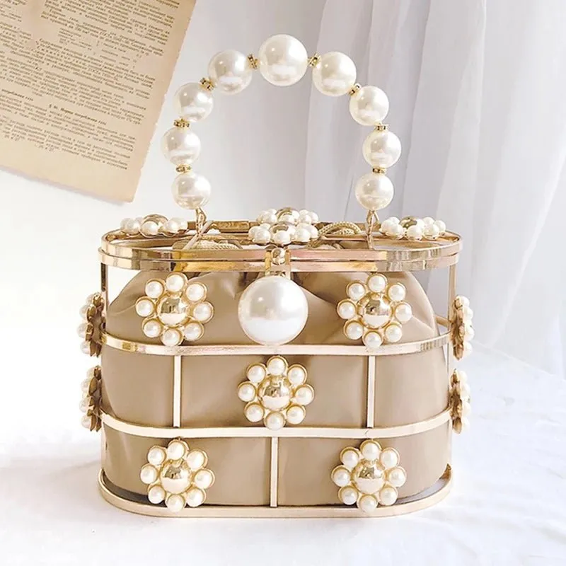 Luxy Moon Hollow Pearl Flowers Metallic Wedding Clutch Purse Mini Bucket Handbag