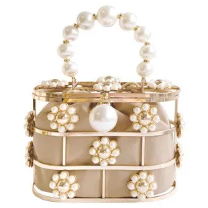 Luxy Moon Hollow Pearl Flowers Metallic Wedding Clutch Purse Mini Bucket Handbag