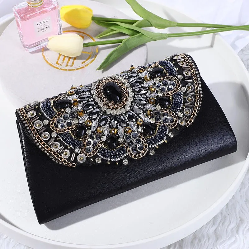 Luxy Moon Retro Beaded Women's Clutch Black PU Leather Chain Shoulder Bag