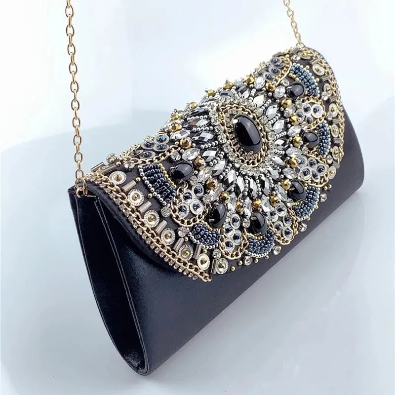 Luxy Moon Retro Beaded Women's Clutch Black PU Leather Chain Shoulder Bag