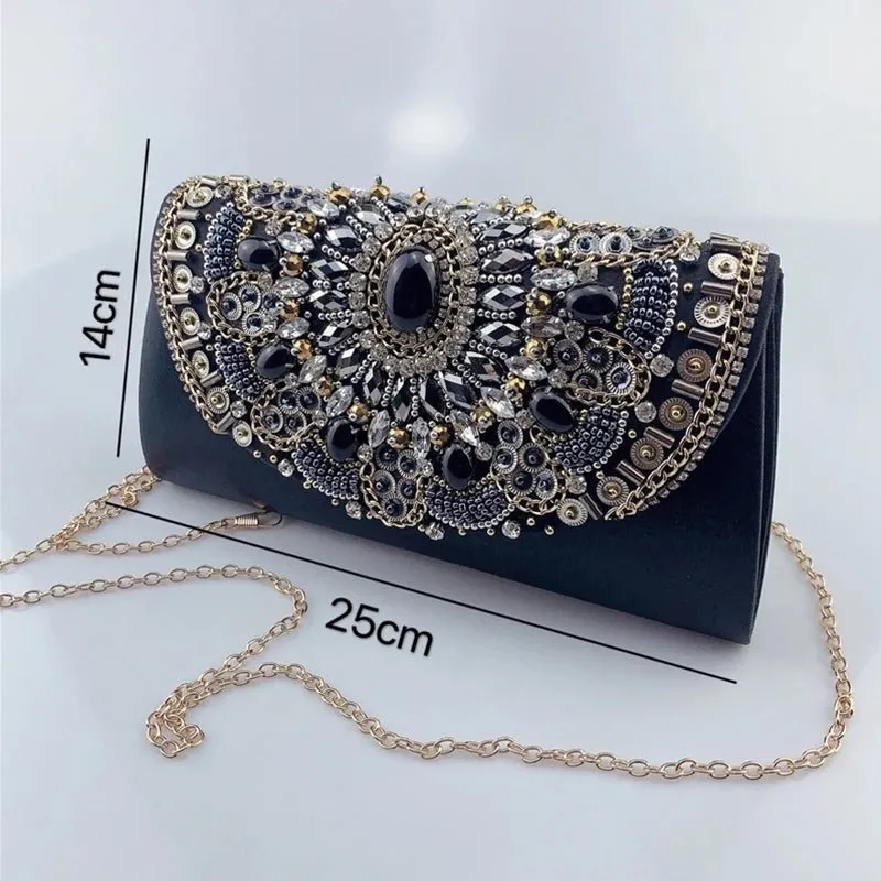 Luxy Moon Retro Beaded Women's Clutch Black PU Leather Chain Shoulder Bag