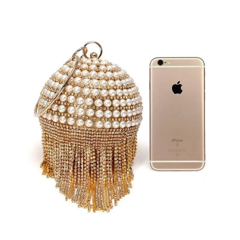 Luxy Moon Round Evening Bag Diamonds Pearl Tassel Clutch