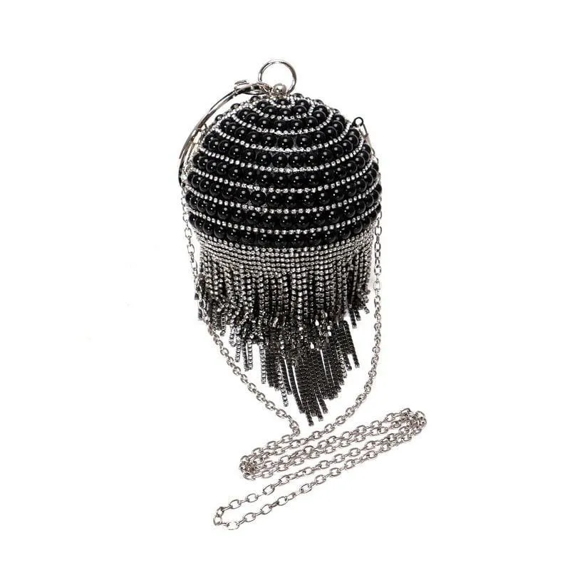 Luxy Moon Round Evening Bag Diamonds Pearl Tassel Clutch