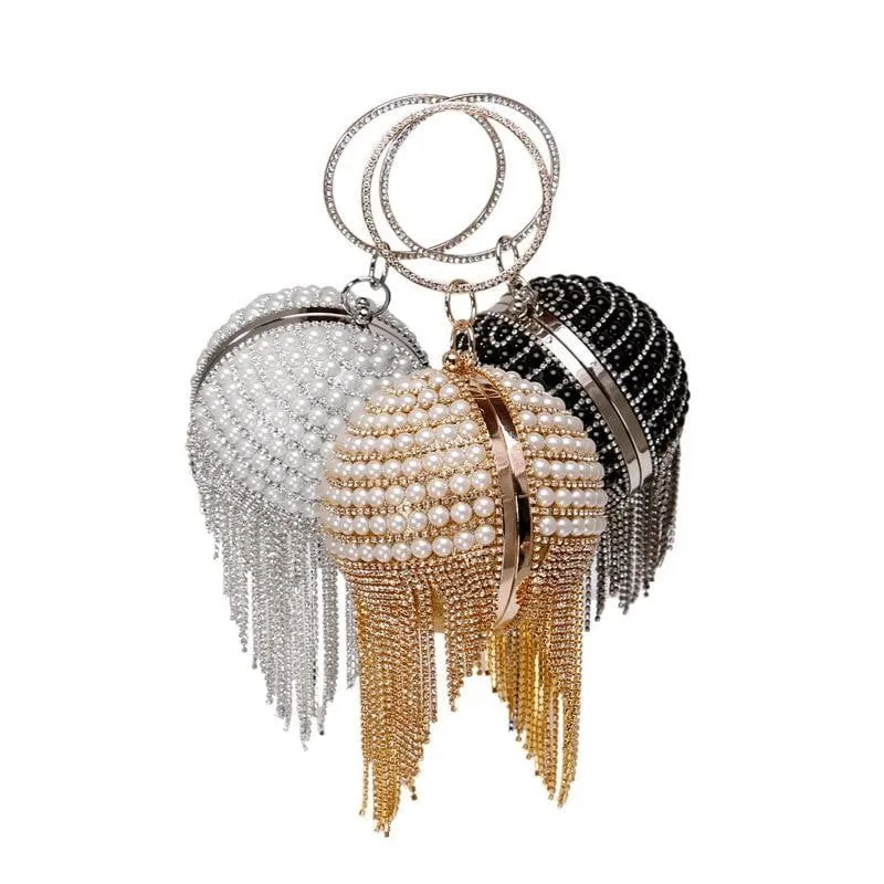 Luxy Moon Round Evening Bag Diamonds Pearl Tassel Clutch