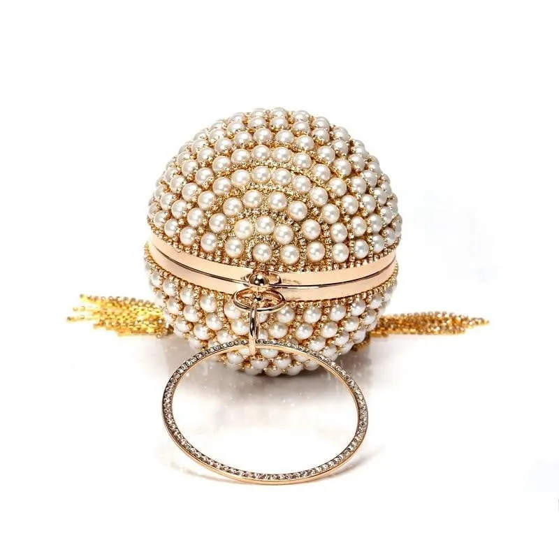 Luxy Moon Round Evening Bag Diamonds Pearl Tassel Clutch