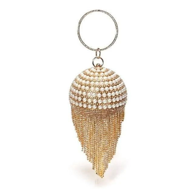 Luxy Moon Round Evening Bag Diamonds Pearl Tassel Clutch