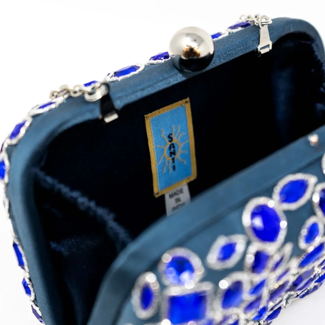 Navy Jeweled Santi Box Clutch