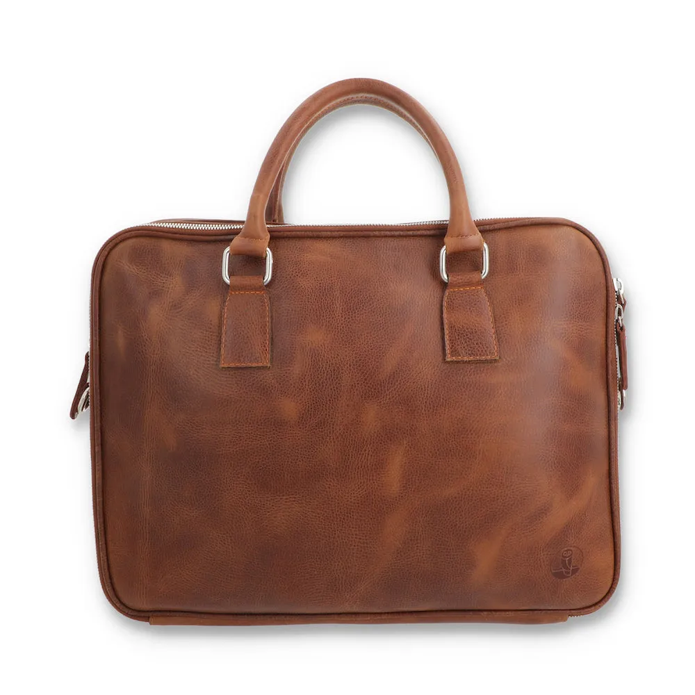 Norde Tan Milled Pull-up Leather Laptop Briefcase