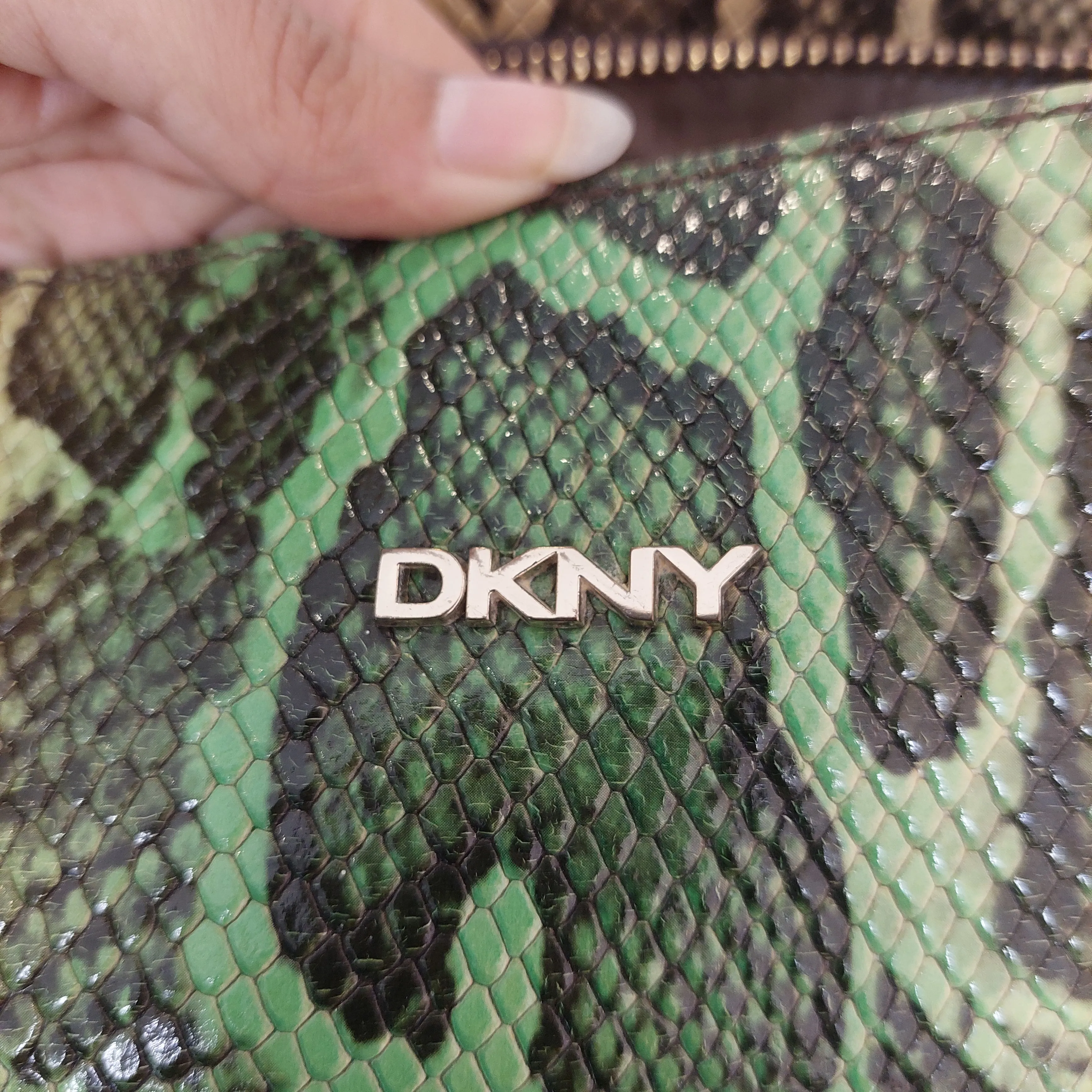 Pre-Loved Treasures - DKNY Green Snake print Leather Shoulder Bag