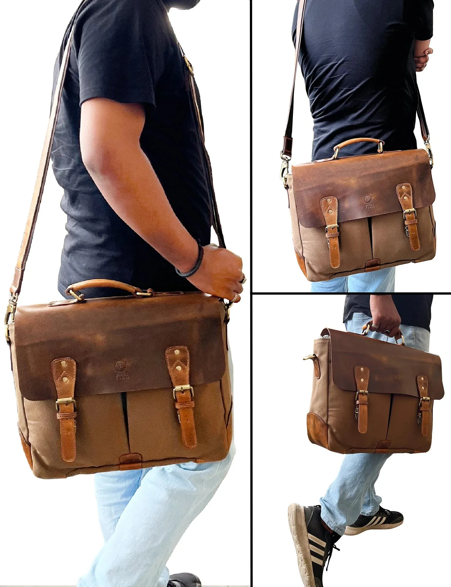 Retro Style Leather Canvas Messenger Bag Briefcase Laptop Bag (Olive Green)