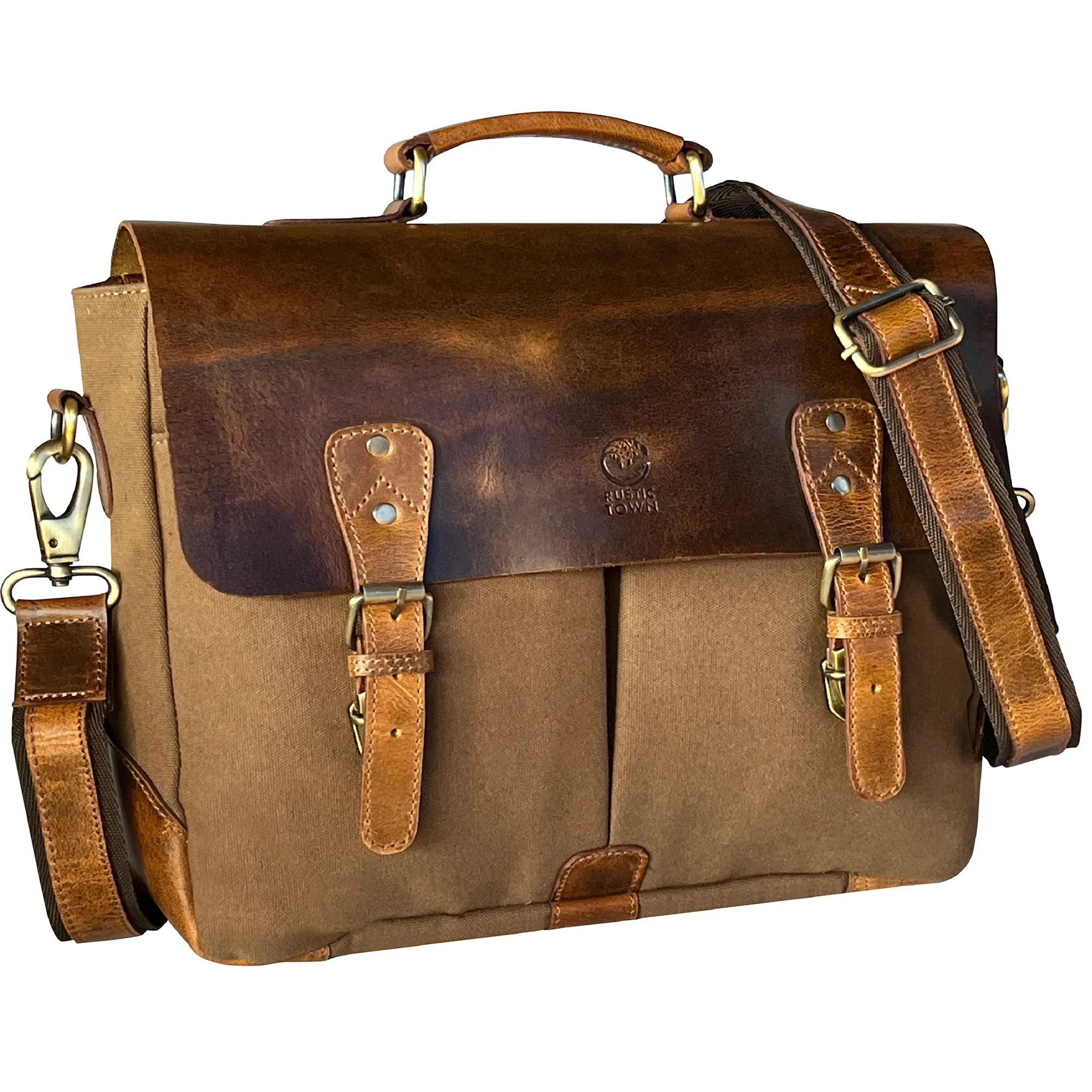 Retro Style Leather Canvas Messenger Bag Briefcase Laptop Bag (Olive Green)