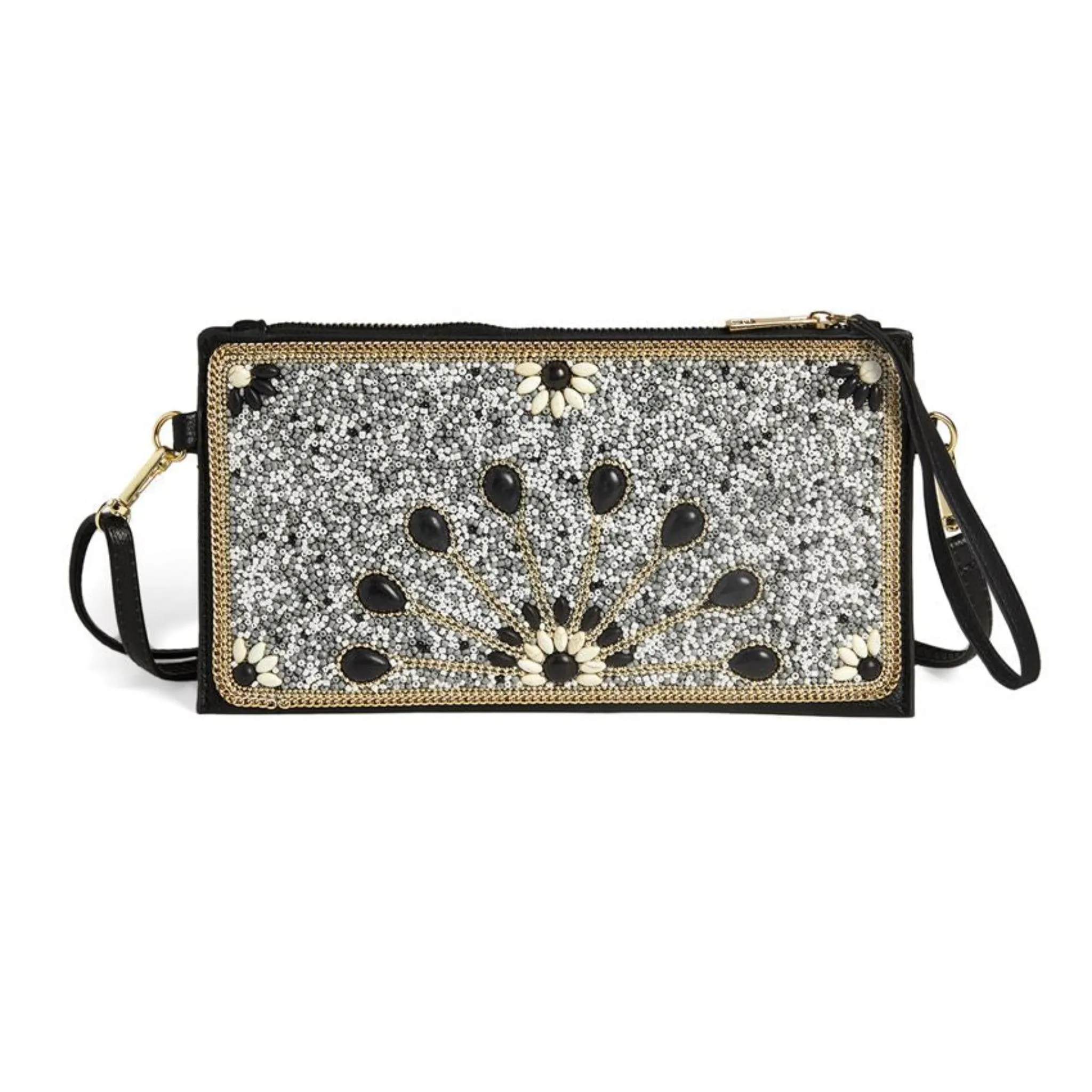 White & Black Artisan Beaded Crossbody Clutch