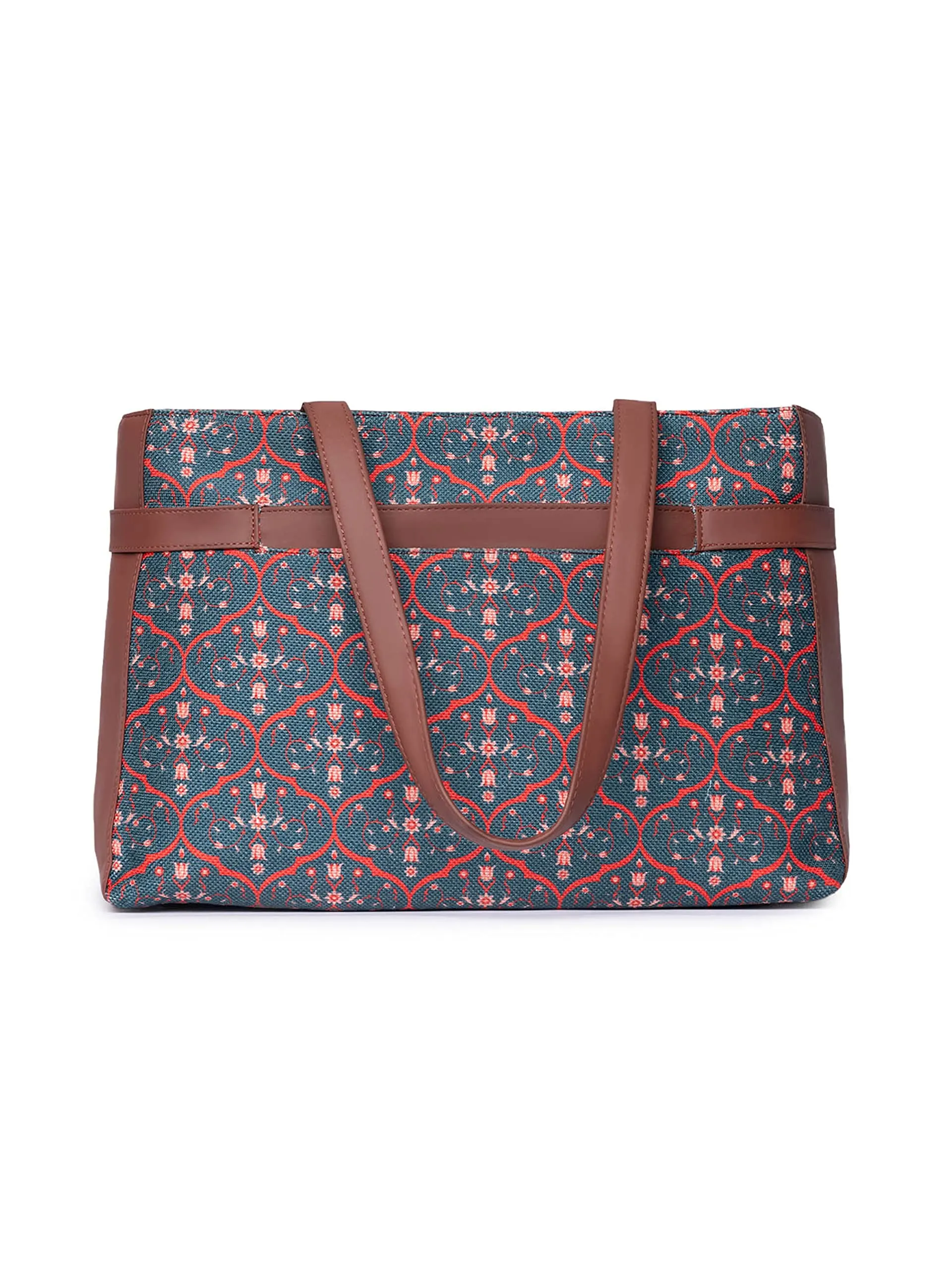 ZOUK Sheesh Mahal Jaali Motif Printed Women's Jute Handcrafted Vegan Leather Space Blue Statement Office Shoulder Bag