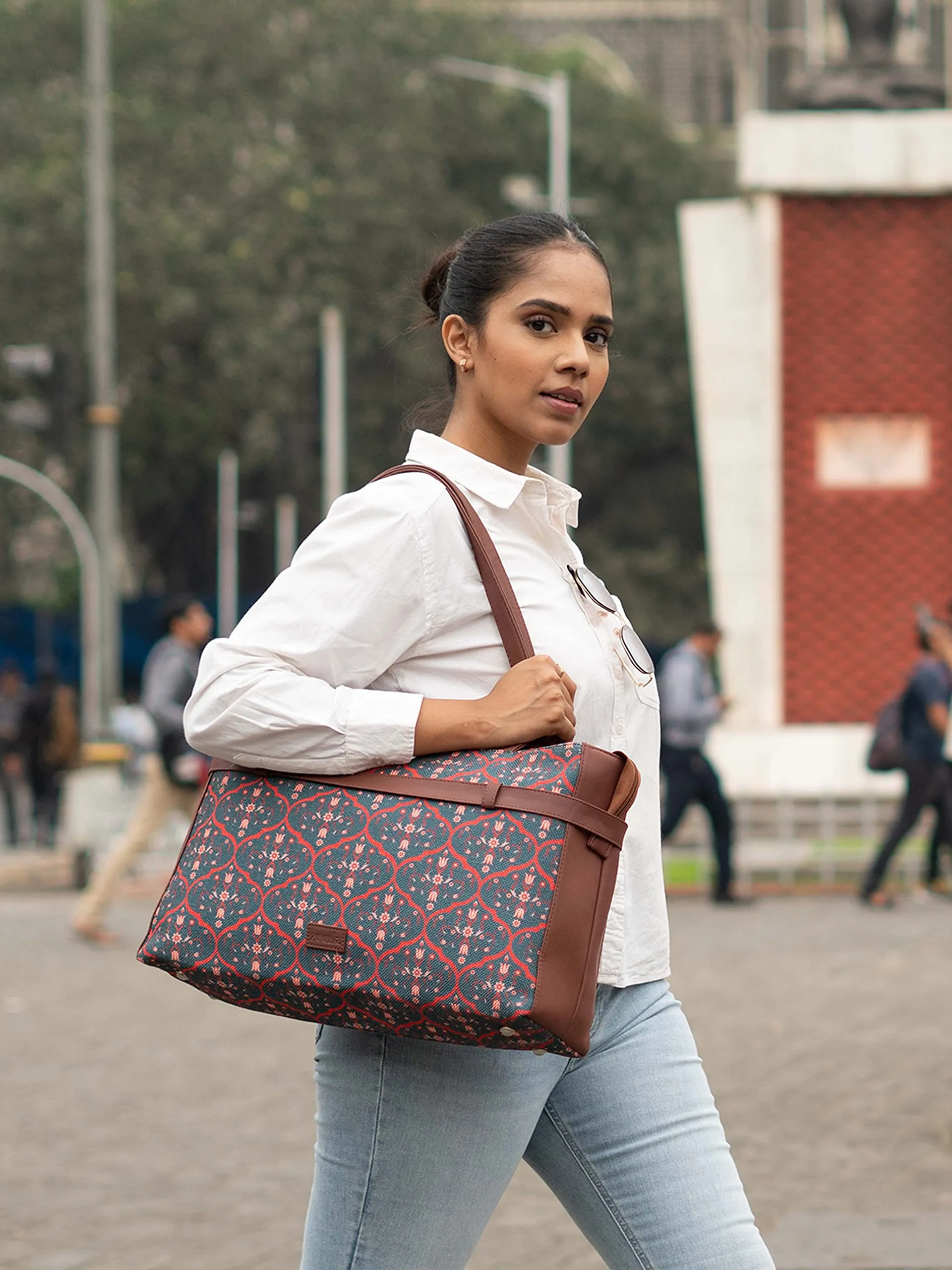 ZOUK Sheesh Mahal Jaali Motif Printed Women's Jute Handcrafted Vegan Leather Space Blue Statement Office Shoulder Bag